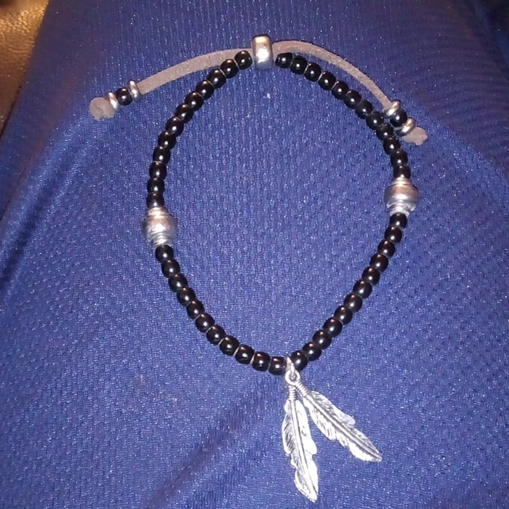 Handmade Feathers & Beads on Leather Bracelet